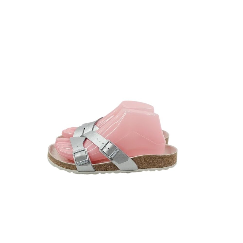 Birki's Women's Silver Leather Cross Strap Adjustable Casual Slide Sandal Size 7